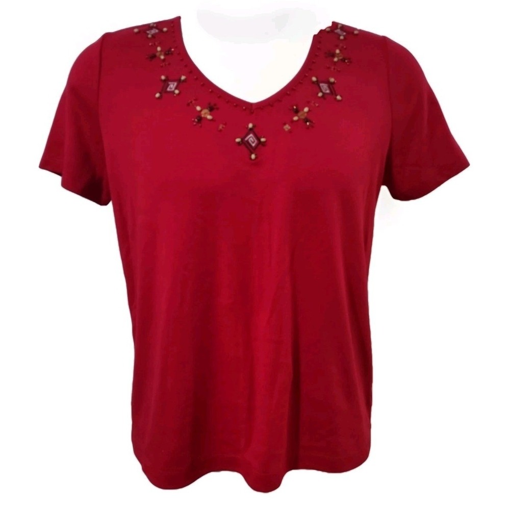 T Shirt Rebecca Malone Red Large Womens Beaded Boho V Neck Short Sleeve Relaxed